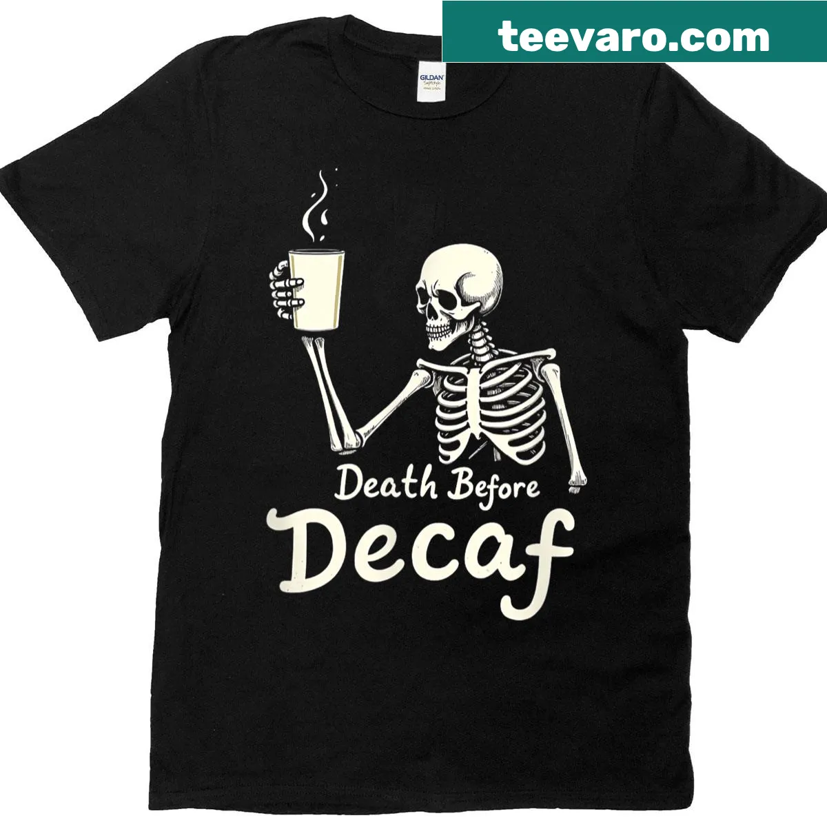 Funny skeleton T-shirt with 'Death Before Decaf' slogan — on a men's t-shirt
