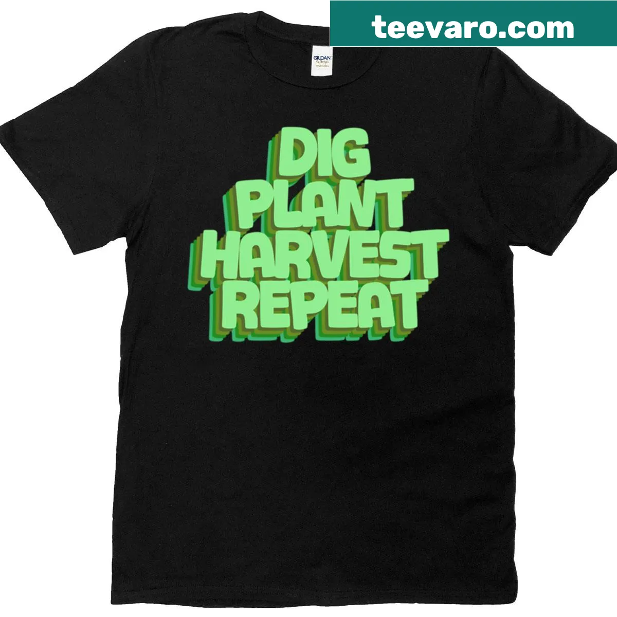 Gardening cycle shirt with 'Dig Plant Harvest Repeat' text design. — on a men's t-shirt