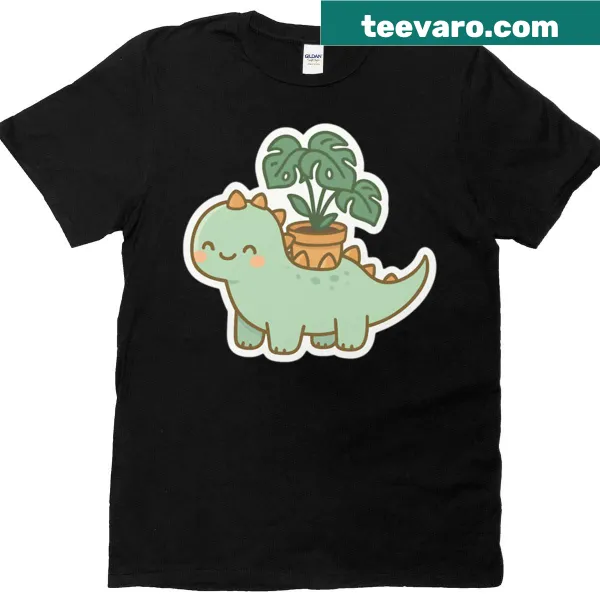 Illustration of a dinosaur as a plant keeper on a T-shirt for kids.