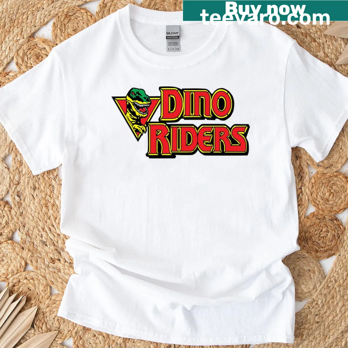 Retro cartoon T-shirt featuring dinosaurs and their riders — on a men's t-shirt