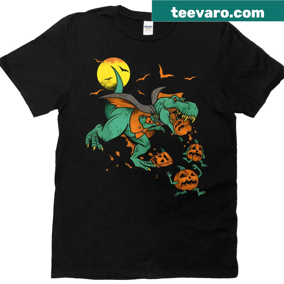 Funny T-Rex in a pumpkin costume with Boo text for Halloween — on a men's t-shirt