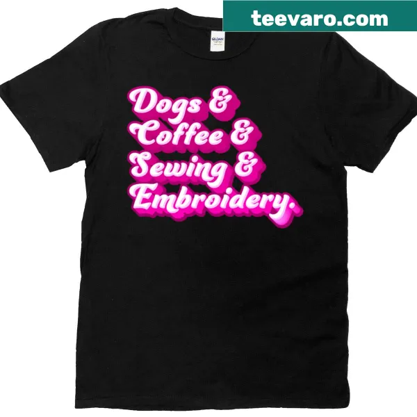 Illustrated t-shirt depicting dogs, coffee, and sewing elements