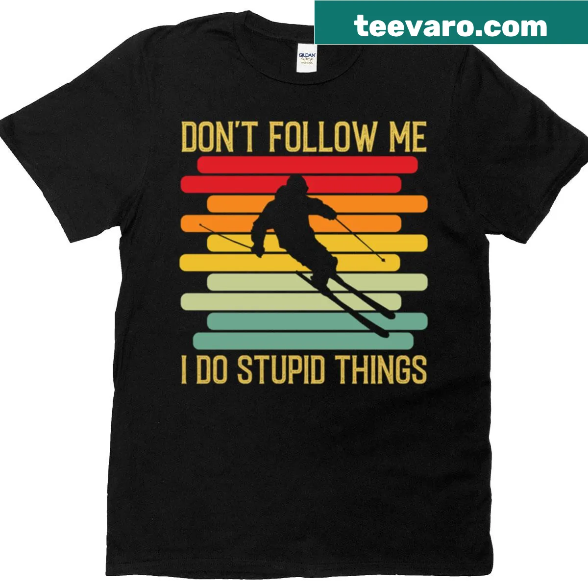 Funny vintage skiing t-shirt with 'Don't Follow Me' text — on a men's t-shirt