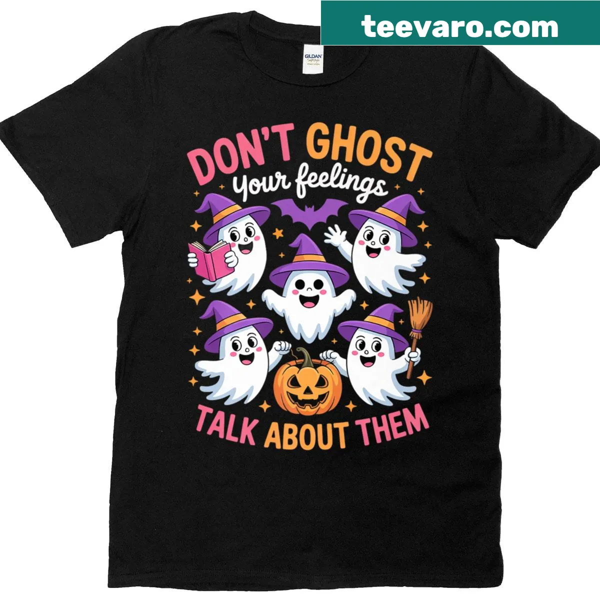 Halloween-themed shirt with 'Don't Ghost Your Feelings' text for counselors. — on a men's t-shirt