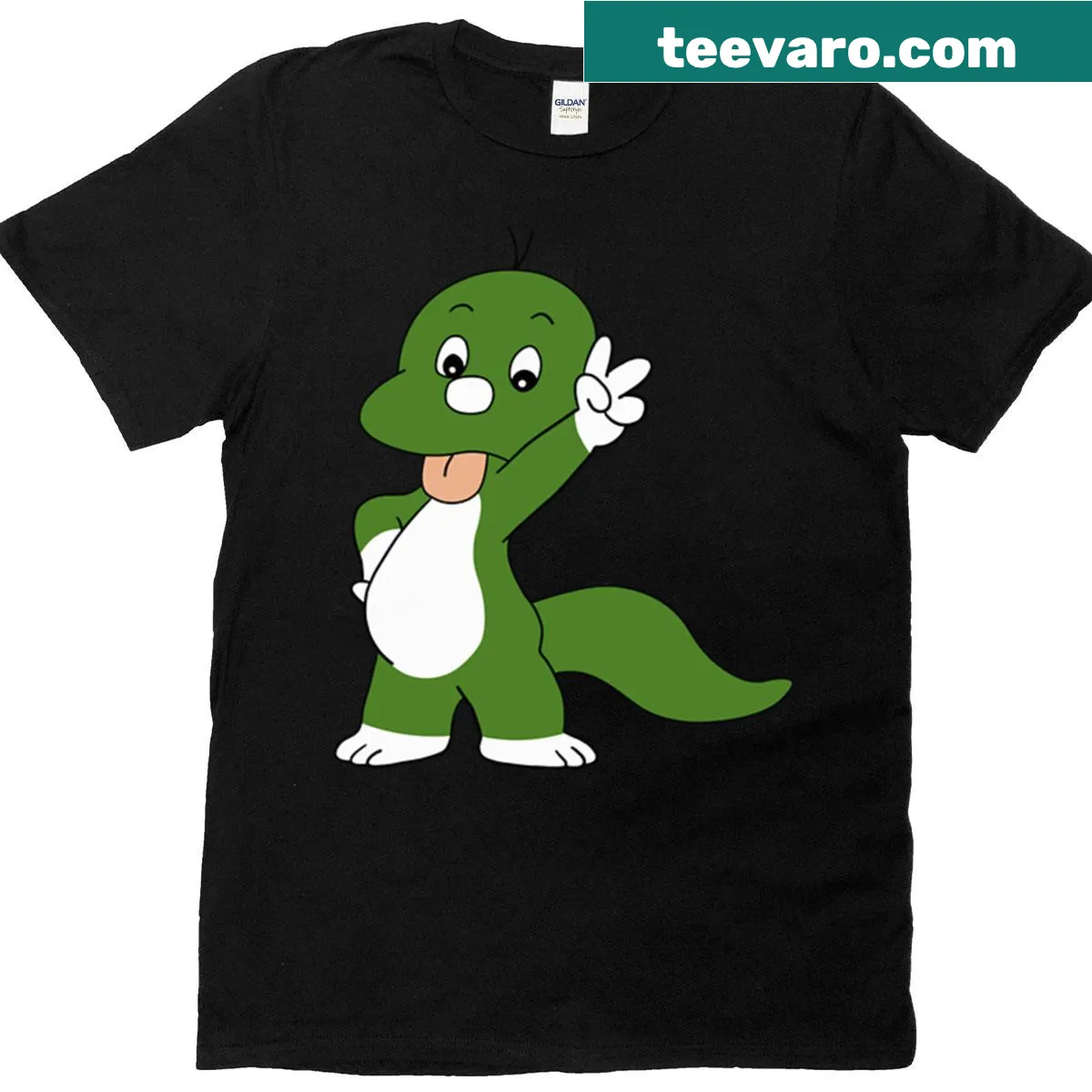 Oversized t-shirt featuring cartoon Dooly the dinosaur — on a men's t-shirt