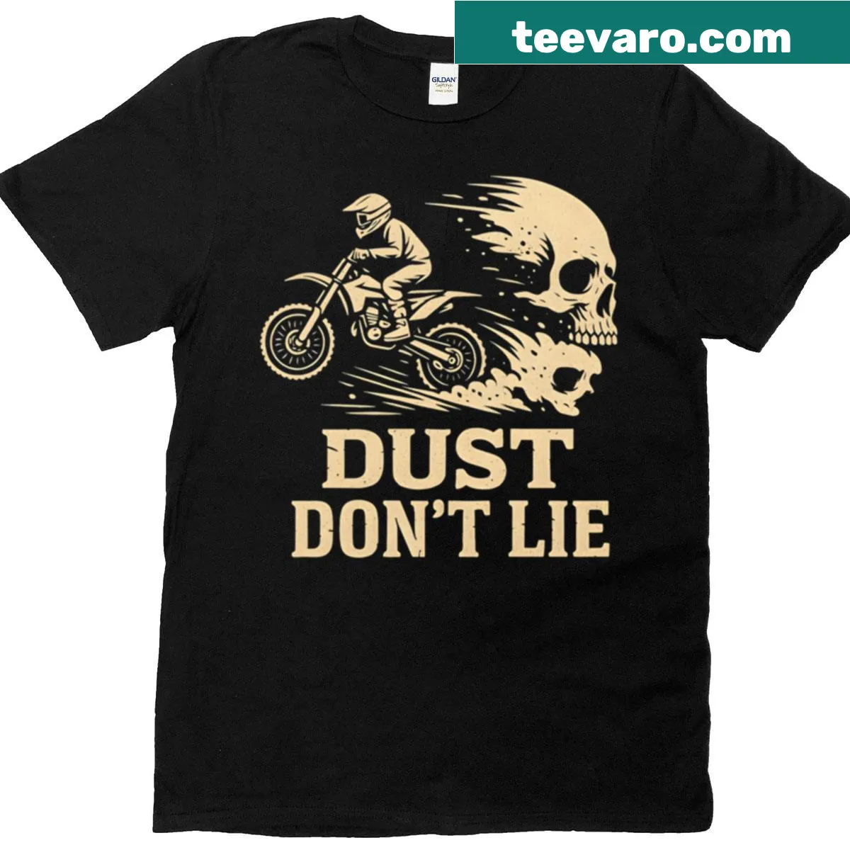 Dirt bike rider T-shirt with 'Dust Don't Lie' slogan graphic. — on a men's t-shirt