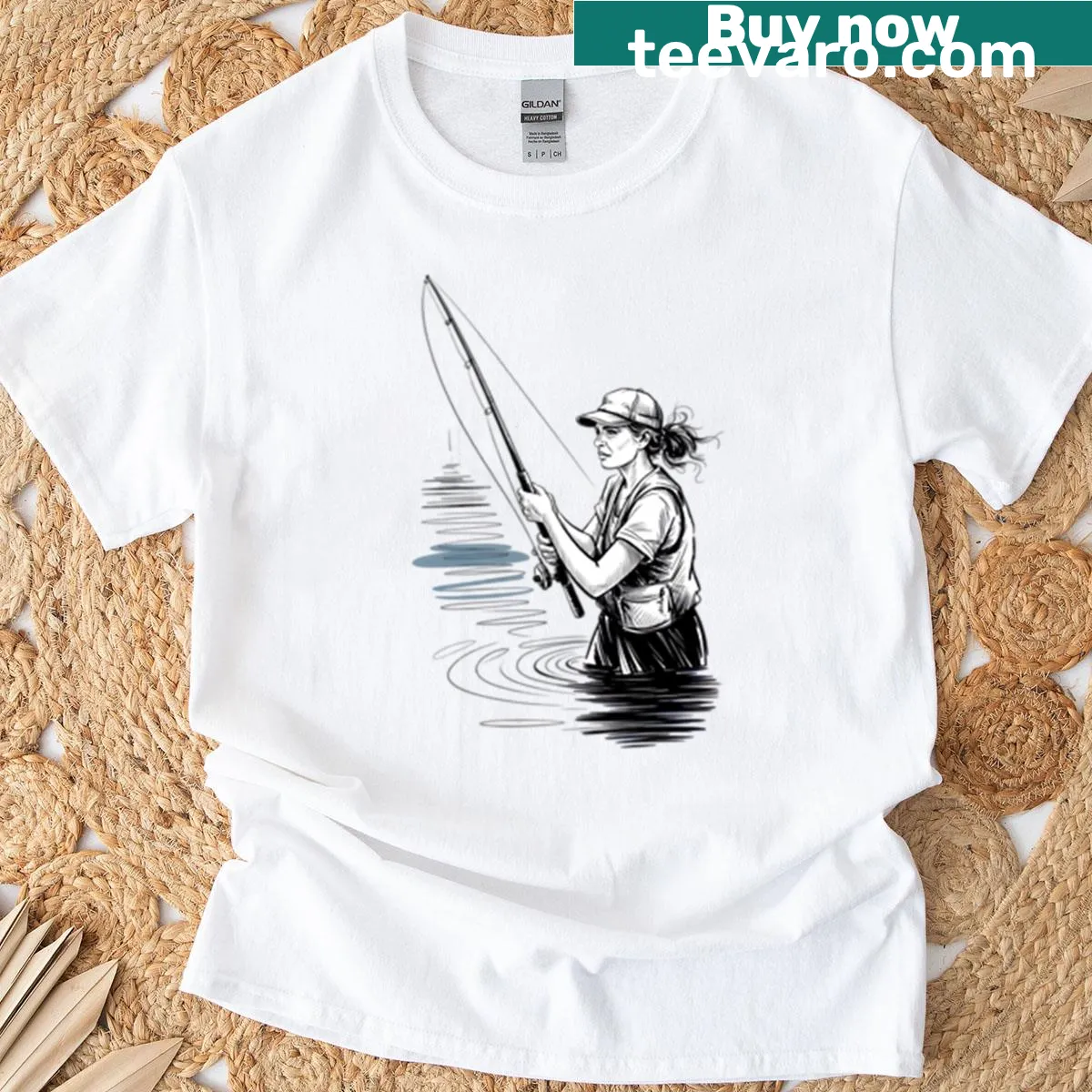 Typography t-shirt for female anglers with fishing theme — on a men's t-shirt
