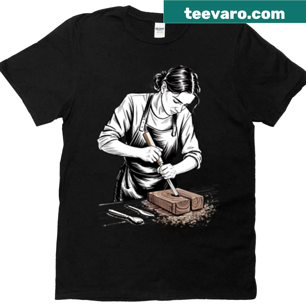 Empowering female carpenter t-shirt with bold graphic — on a men's t-shirt