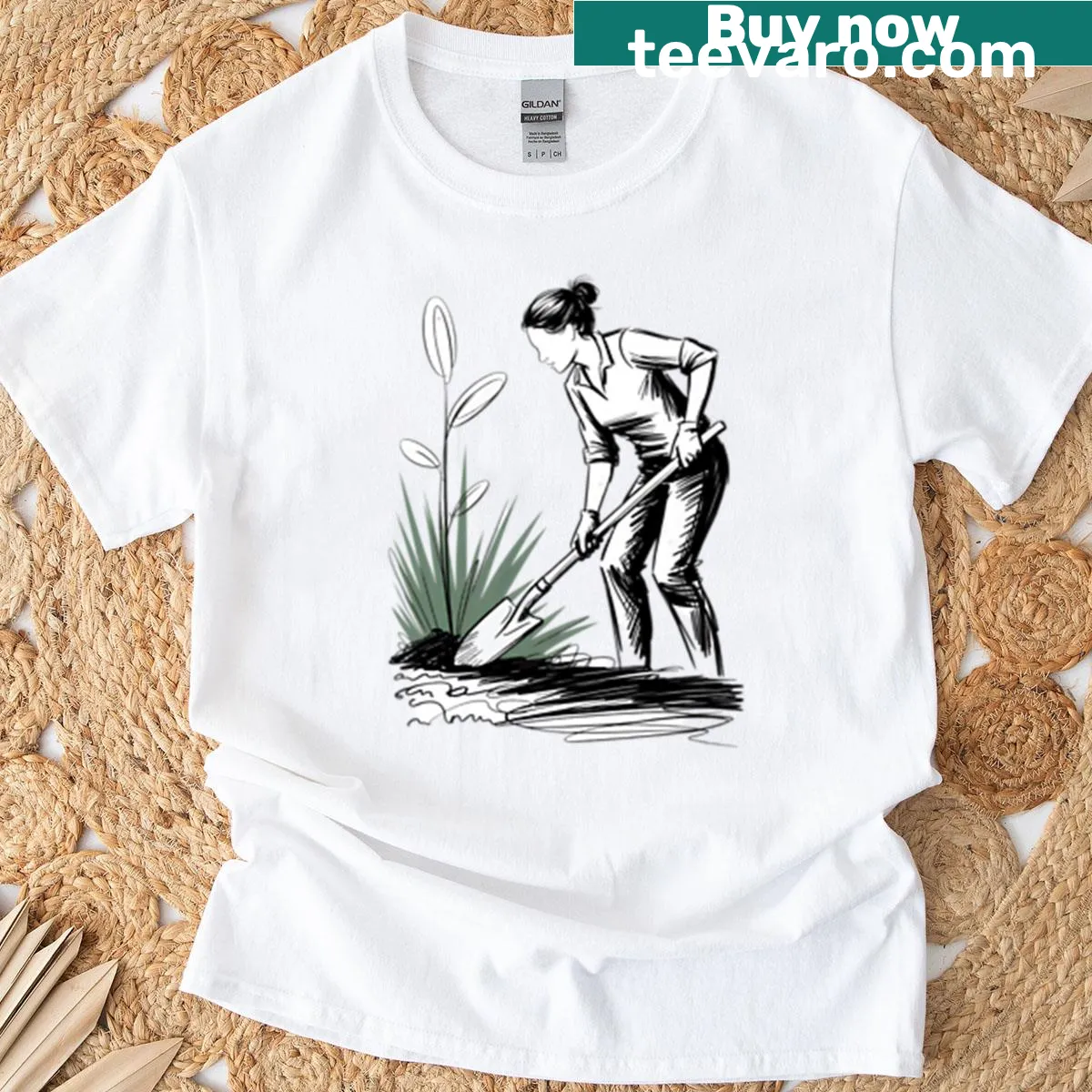 Illustrated T-shirt of a female gardener planting flowers — on a men's t-shirt