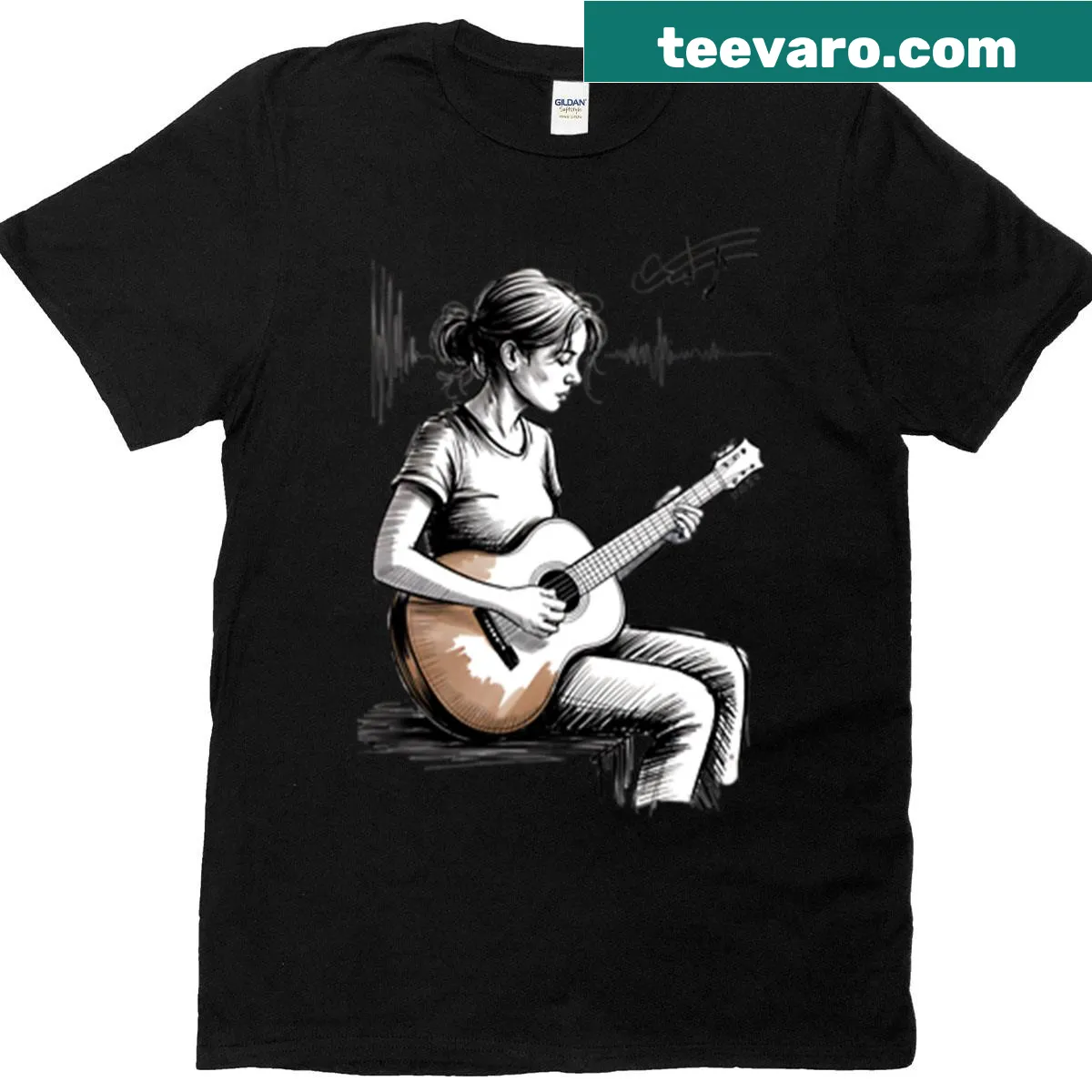 Illustrated female guitarist t-shirt playing music — on a men's t-shirt