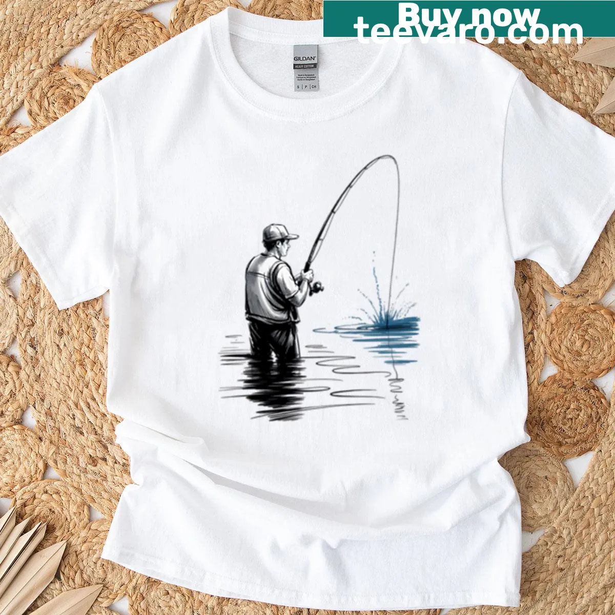 Dynamic Male Angler Fishing T-shirt with fishing theme — on a men's t-shirt