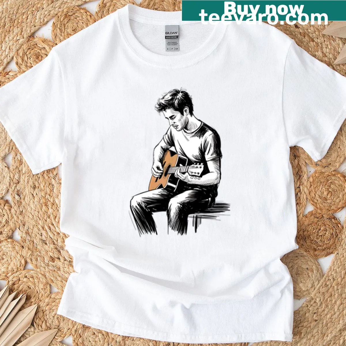 Dynamic guitarist performing graphic T-shirt — on a men's t-shirt