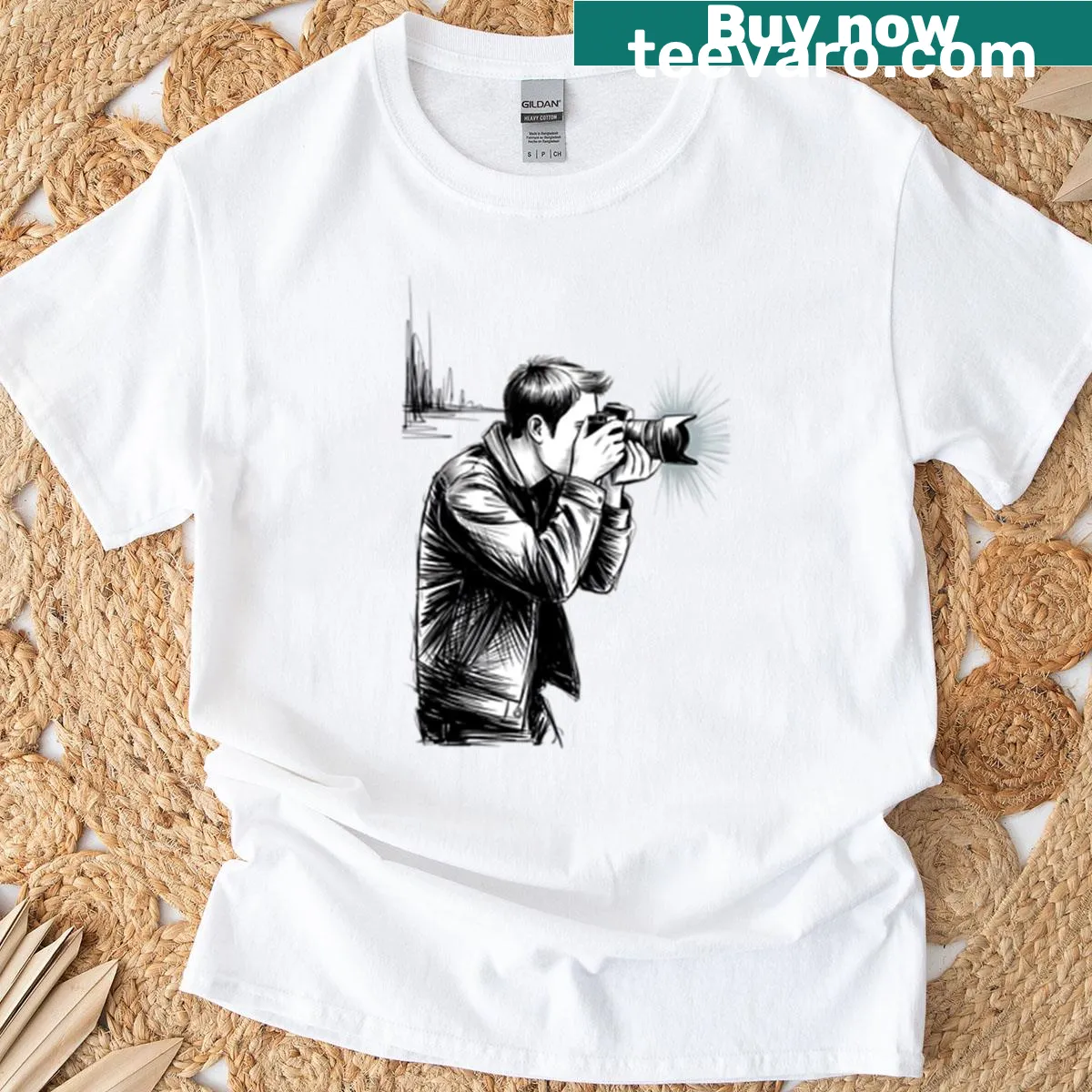 Dynamic Male Photographer T-shirt featuring photography theme — on a men's t-shirt