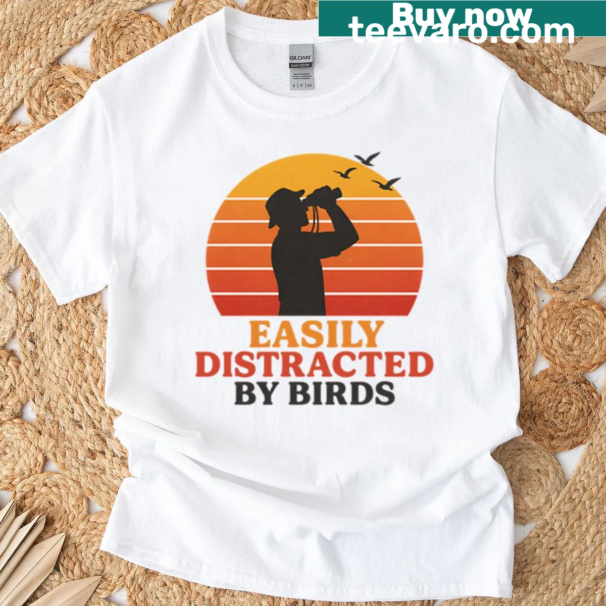 Retro sunset birdwatching design on T-shirt with birds — on a men's t-shirt