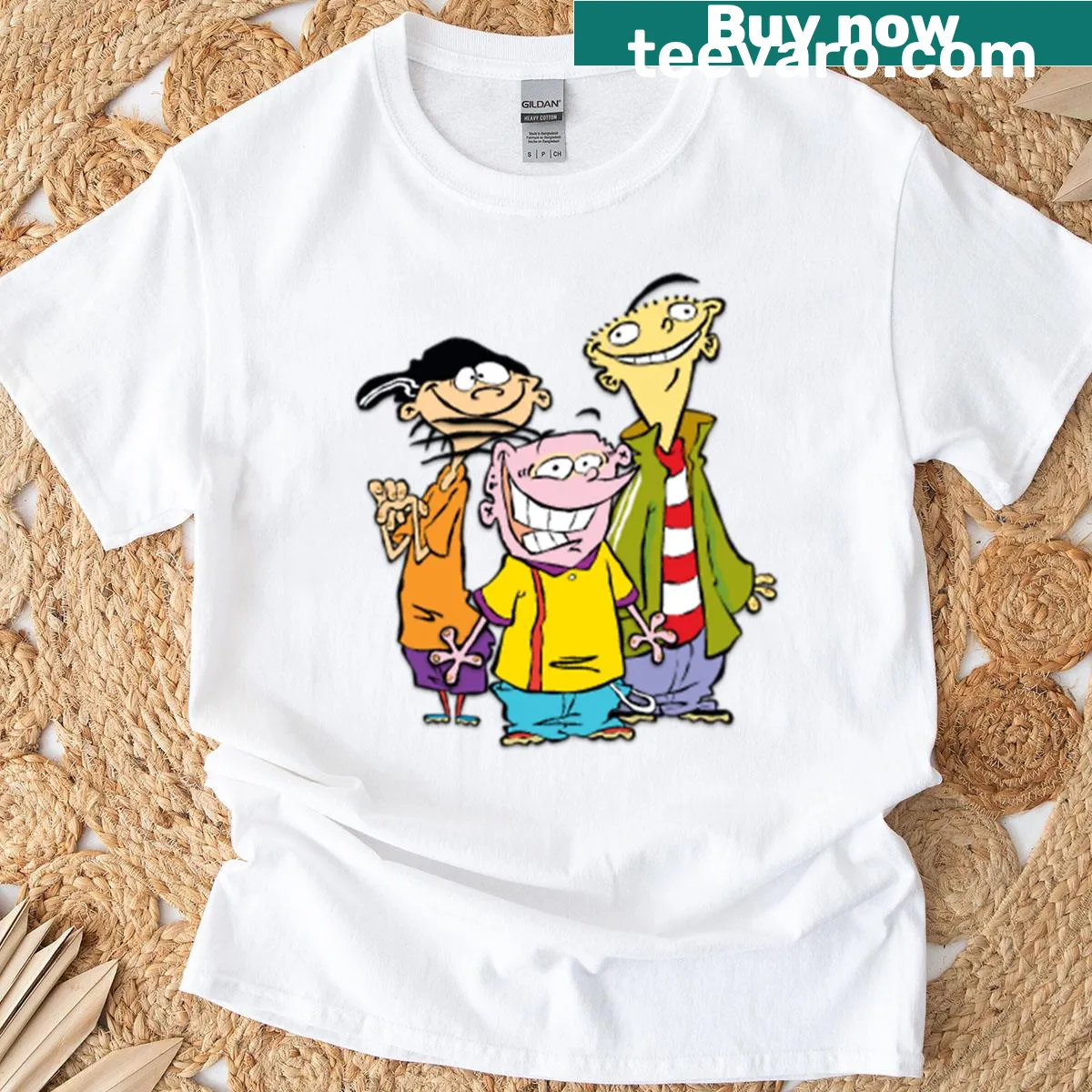 Nostalgic T-shirt featuring characters from 'Ed, Edd n Eddy' in a playful illustration. — on a men's t-shirt
