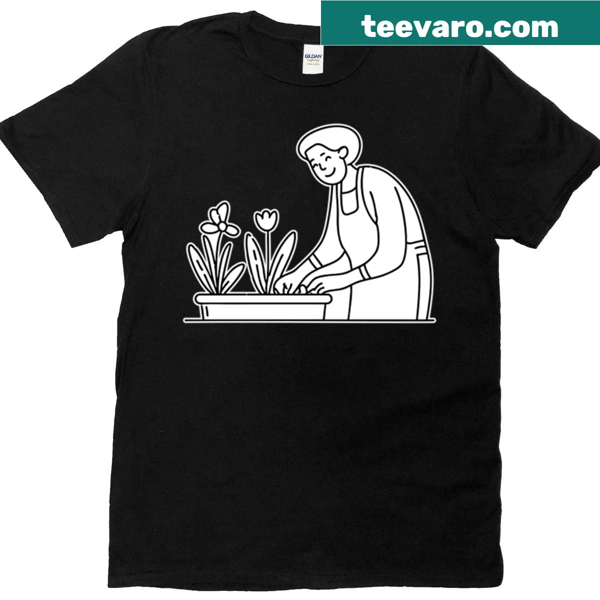 Elderly woman tending flowers in her backyard garden — on a men's t-shirt