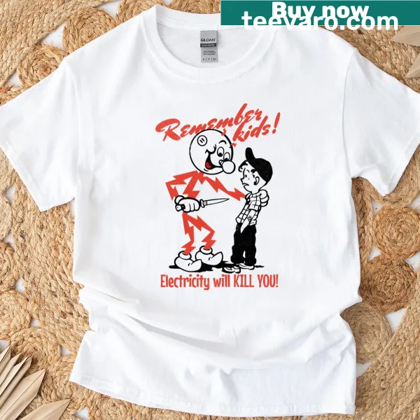 Typography T-shirt with the phrase 'Electricity Kills'.
