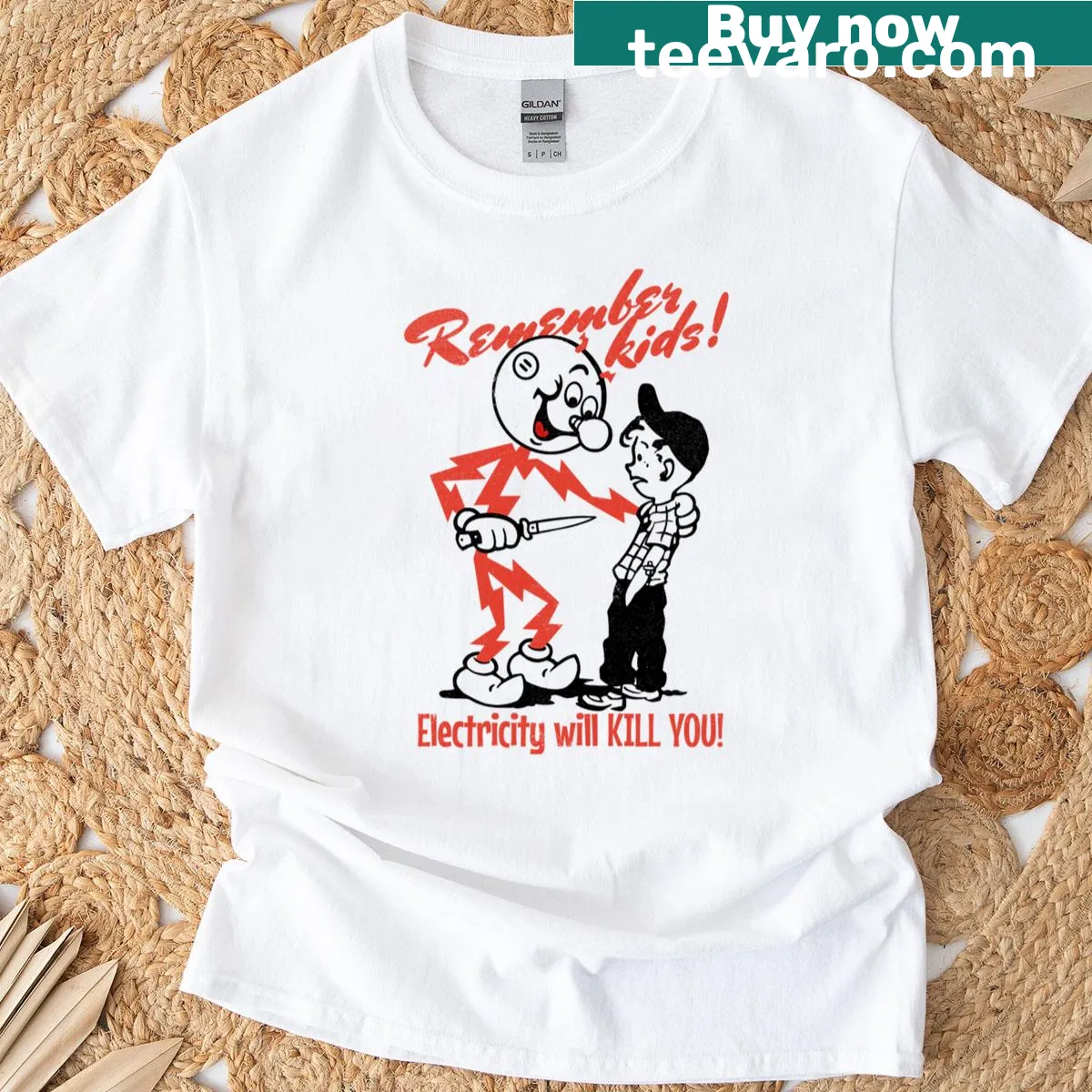 Typography T-shirt with the phrase 'Electricity Kills'. — on a men's t-shirt
