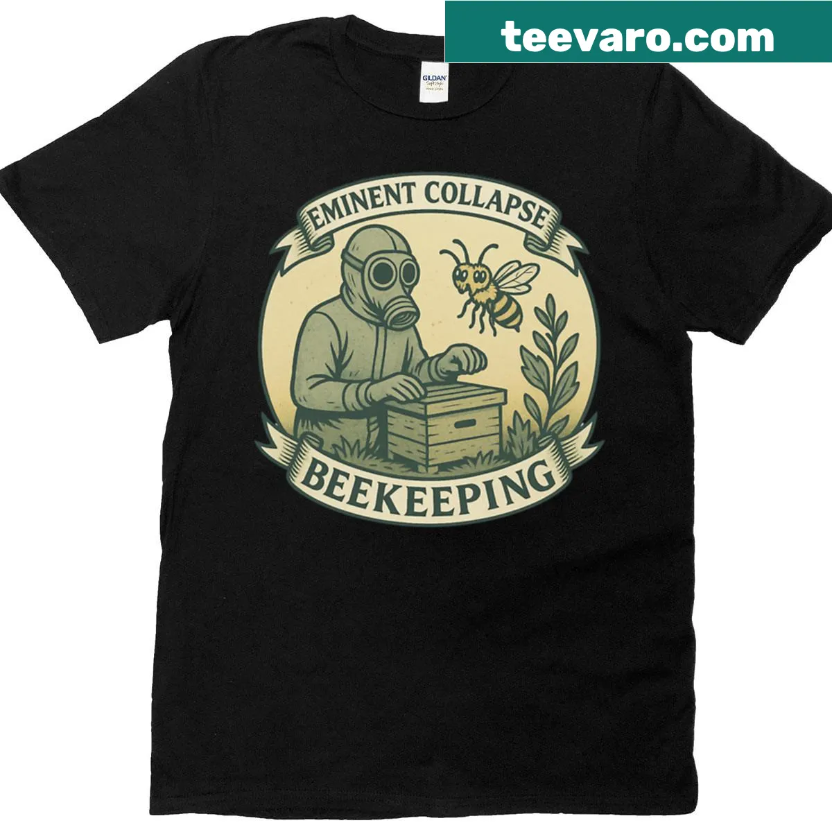 T-shirt with bold text on beekeeping and societal themes — on a men's t-shirt
