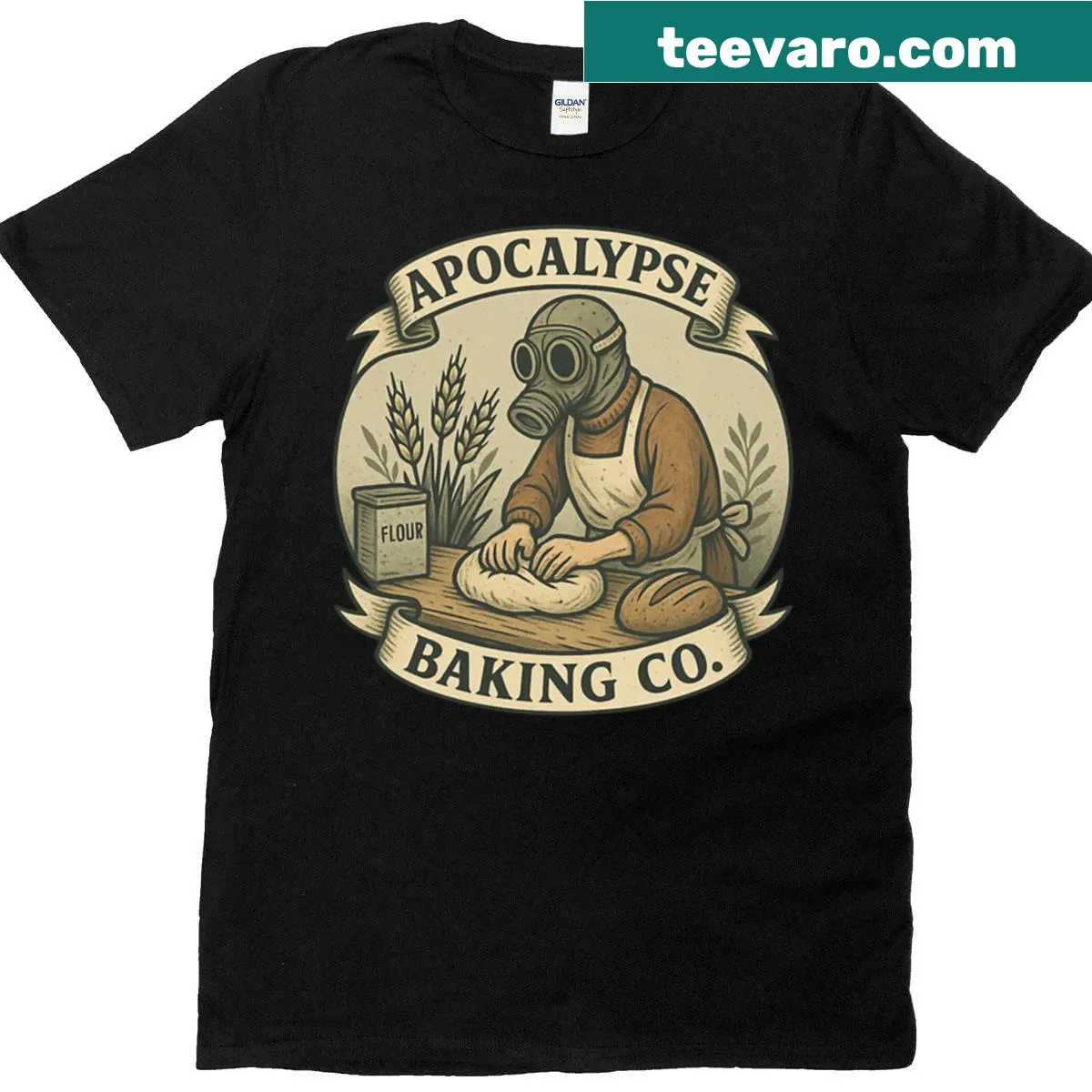 Cartoon design featuring a baking theme with end times humor — on a men's t-shirt