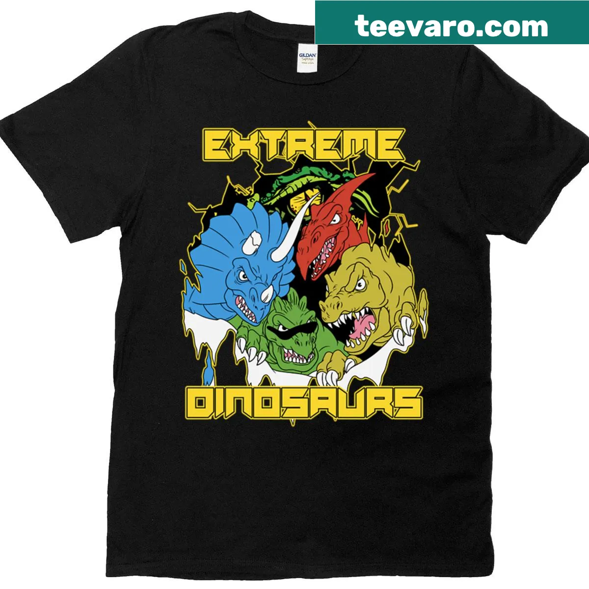 T-shirt featuring illustrated dinosaurs in action — on a men's t-shirt