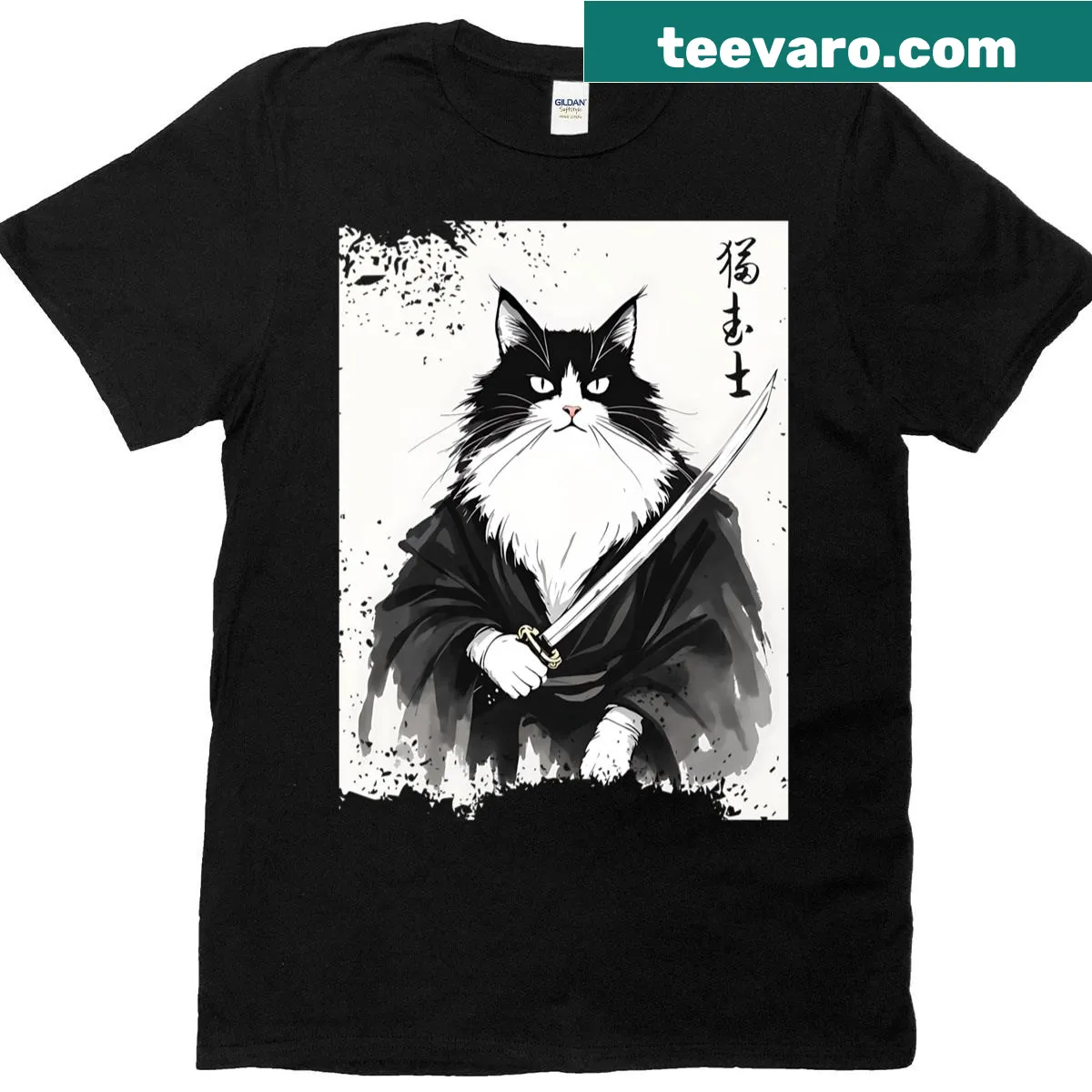 Samurai cat design inspired by Japanese Ukiyo-e art — on a men's t-shirt