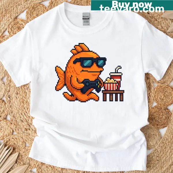 Fish-themed gaming t-shirt with playful graphic design