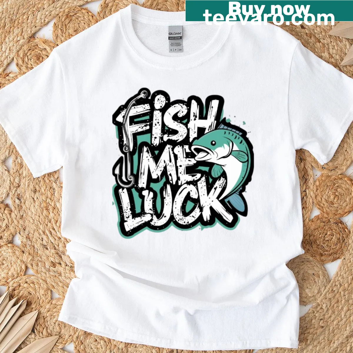 Text 'Fish Me Luck' designed for anglers on a T-shirt — on a men's t-shirt