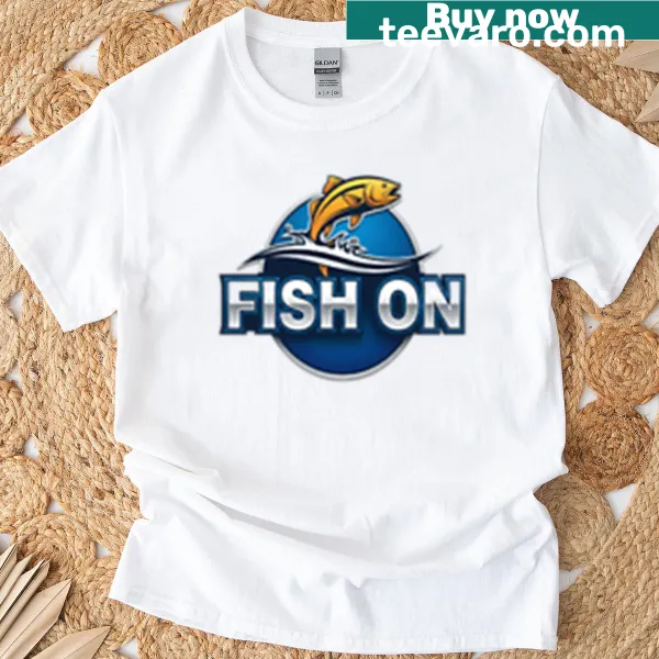 Bold 'Fish On' typography shirt for fishing enthusiasts