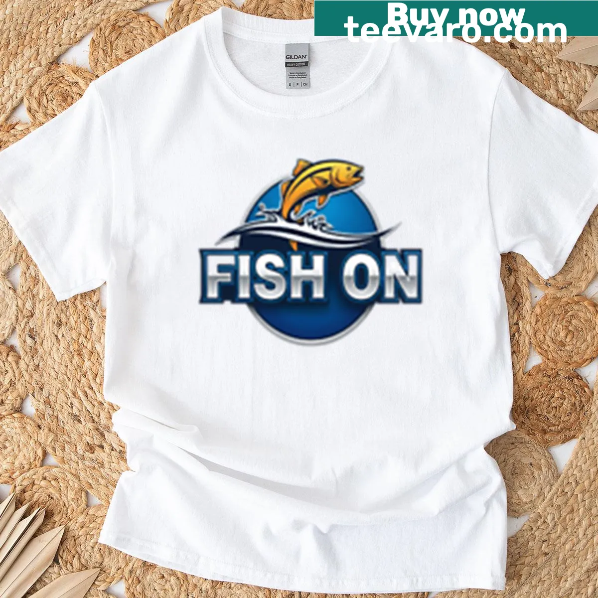 Bold 'Fish On' typography shirt for fishing enthusiasts — on a men's t-shirt