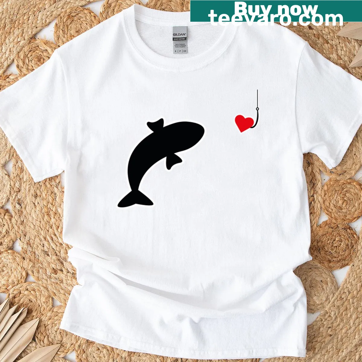 Cute T-shirt with a fish and heart-shaped bait graphic — on a men's t-shirt