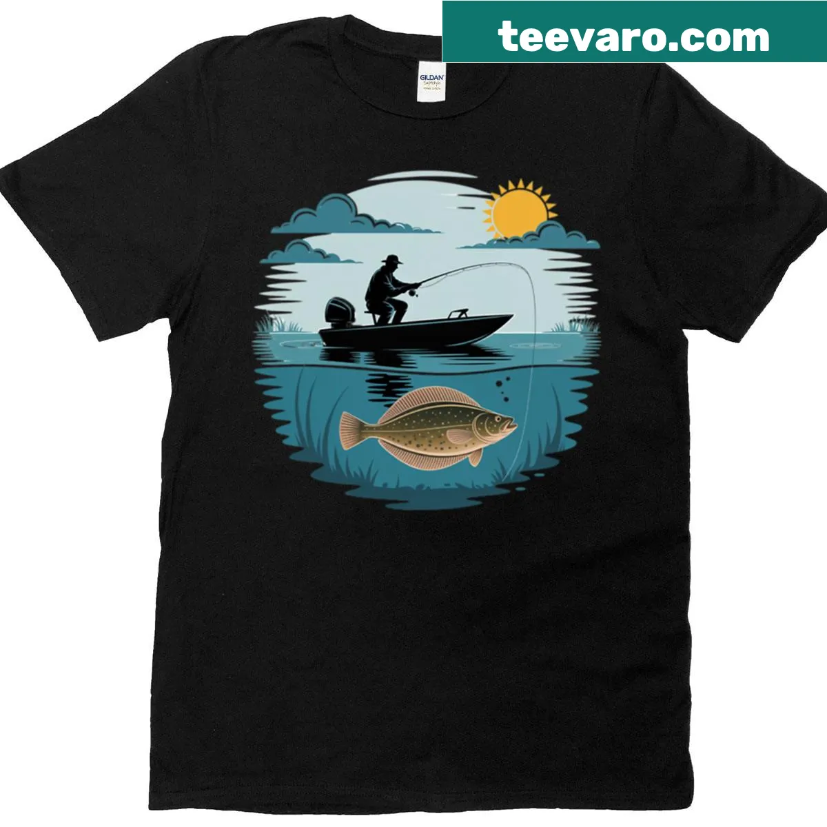 Illustrated T-shirt depicting a calm fishing morning scene — on a men's t-shirt