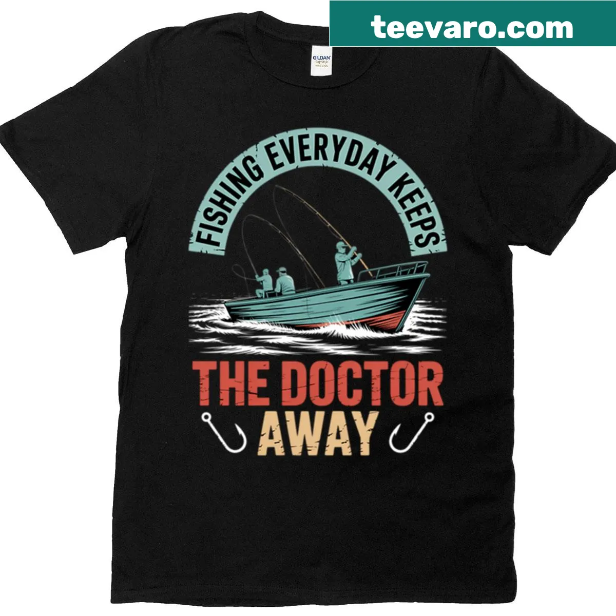 T-shirt with the phrase 'Fishing Everyday Keeps The Doctor Away' in a fun typographic design — on a men's t-shirt