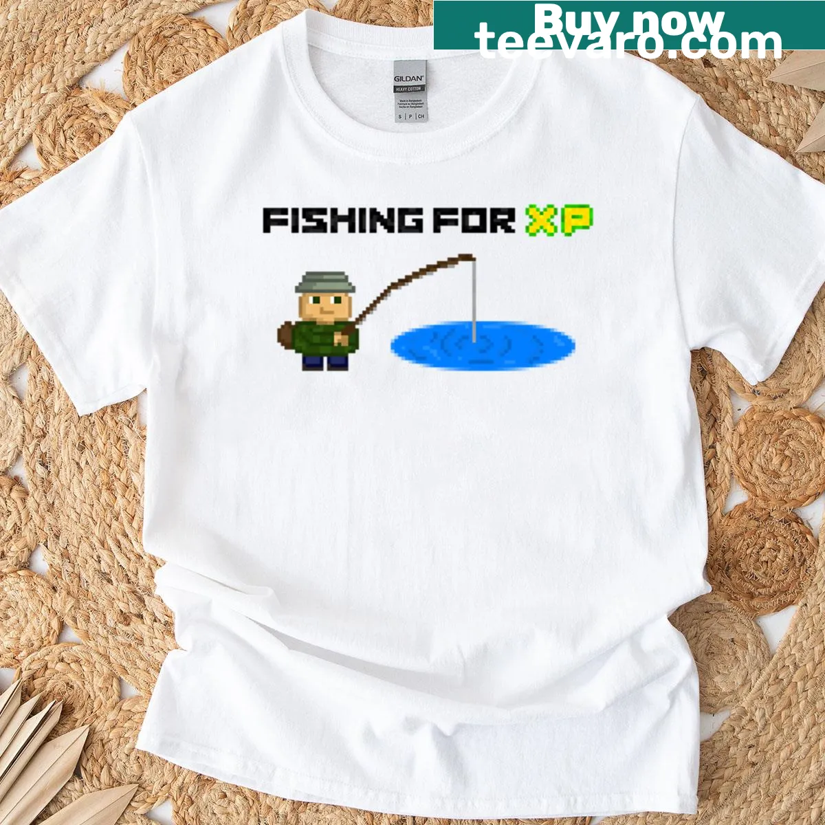 Pixel art T-shirt with fishing for XP theme — on a men's t-shirt