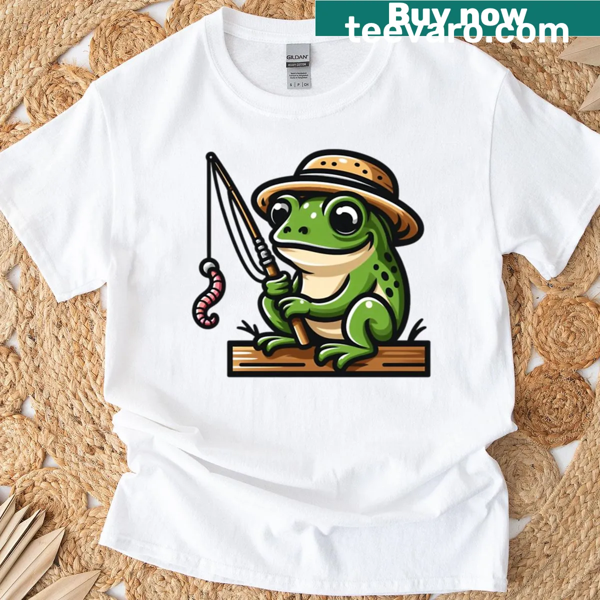 Cartoon T-shirt featuring a relaxed fishing frog with a hat — on a men's t-shirt
