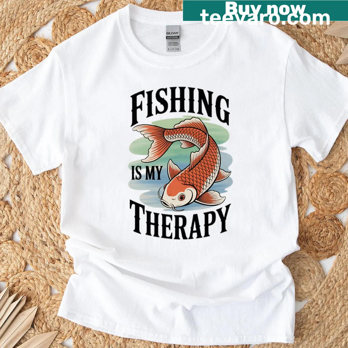 T-shirt with the phrase 'Fishing Is My Therapy' in bold typography — on a men's t-shirt