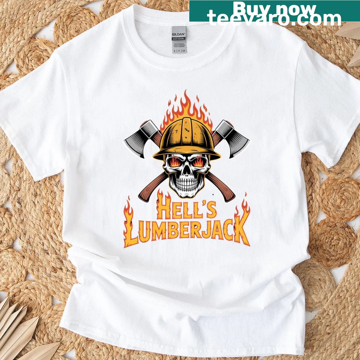 Lumberjack t-shirt with flaming graphic design — on a men's t-shirt