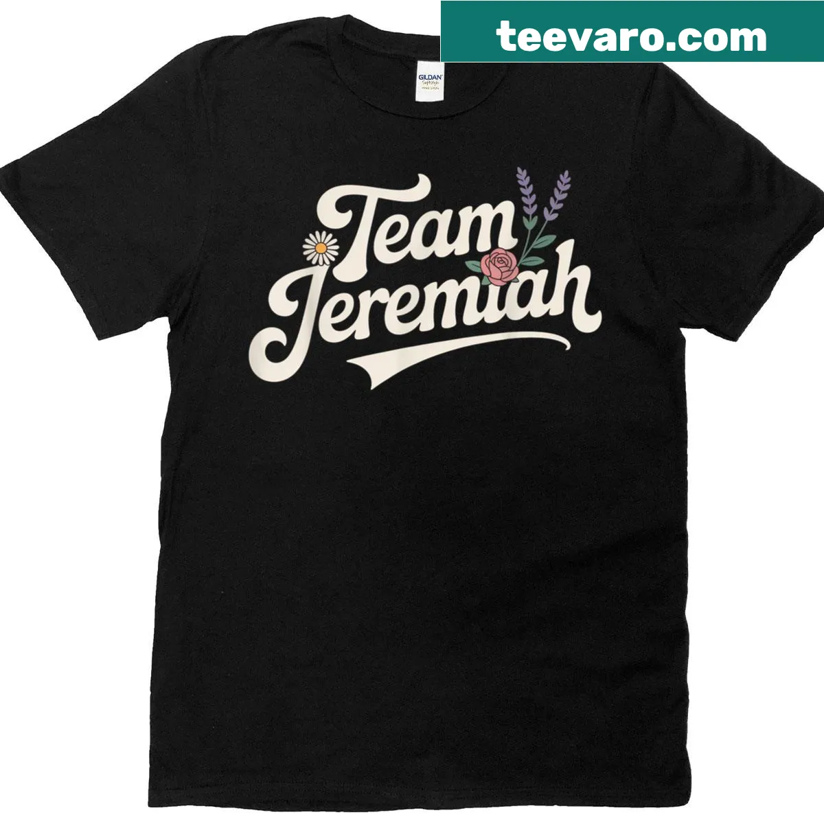 Floral design with 'Team Jeremiah' text for a supportive vibe — on a men's t-shirt