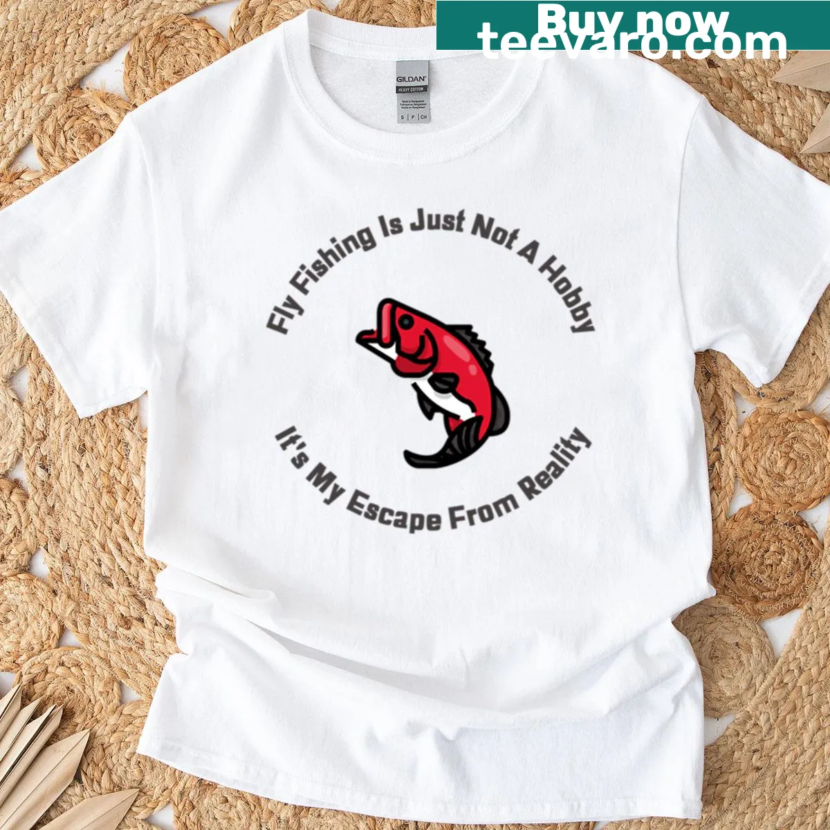 Inspirational fly fishing shirt with text about escaping reality — on a men's t-shirt