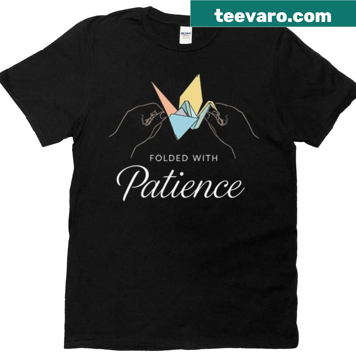 Minimalist illustration of an elegant origami crane. — on a men's t-shirt