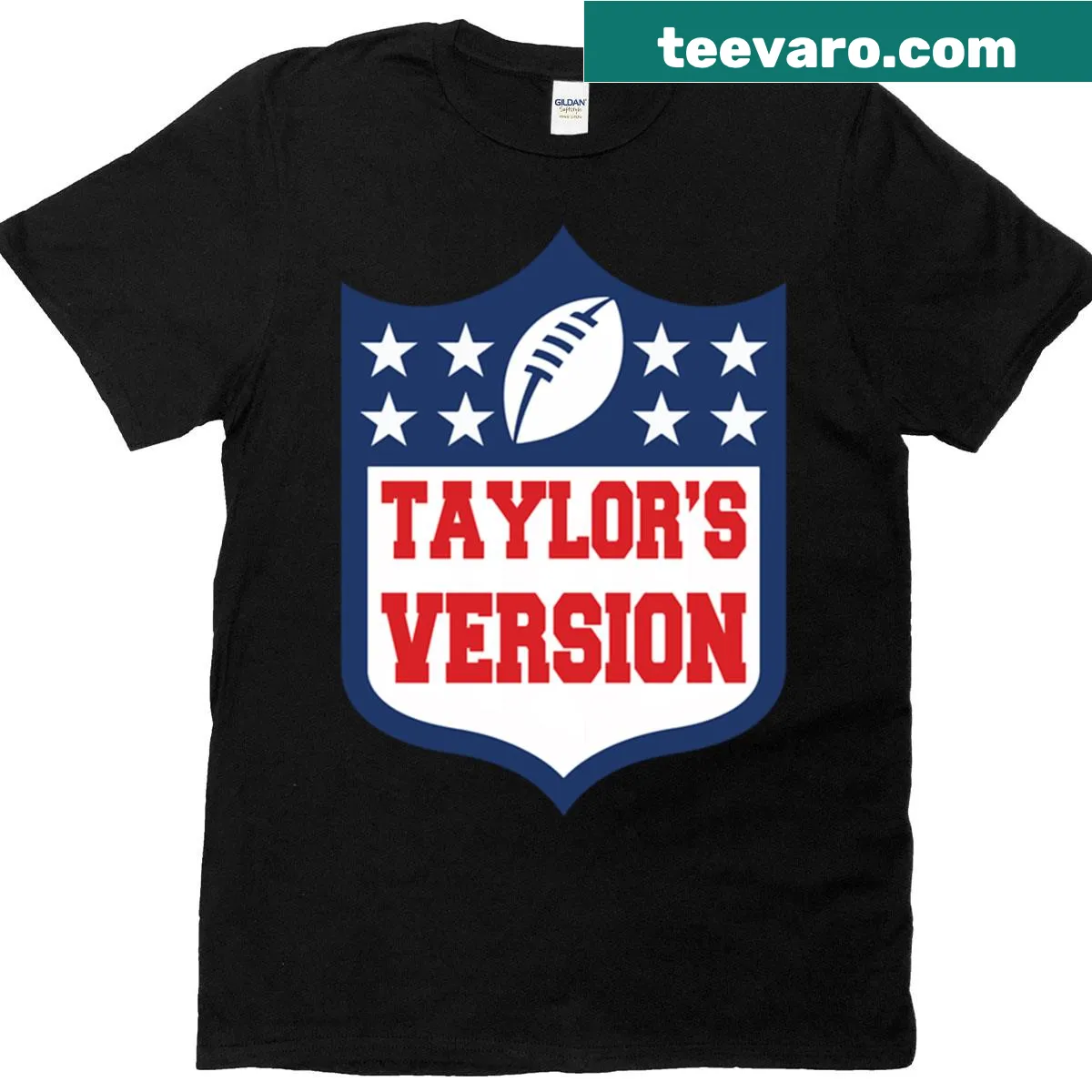 Football-themed T-shirt with playful typography celebrating Taylors version — on a men's t-shirt