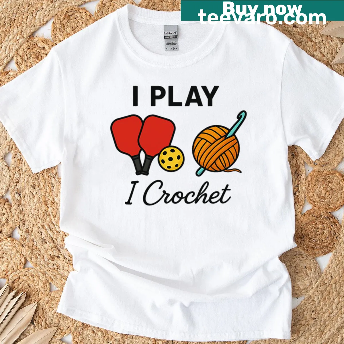 Text combining pickleball and crochet themes on a T-shirt — on a men's t-shirt