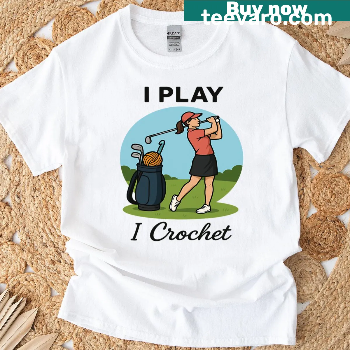 T-shirt blending golf and crochet themes with playful text — on a men's t-shirt