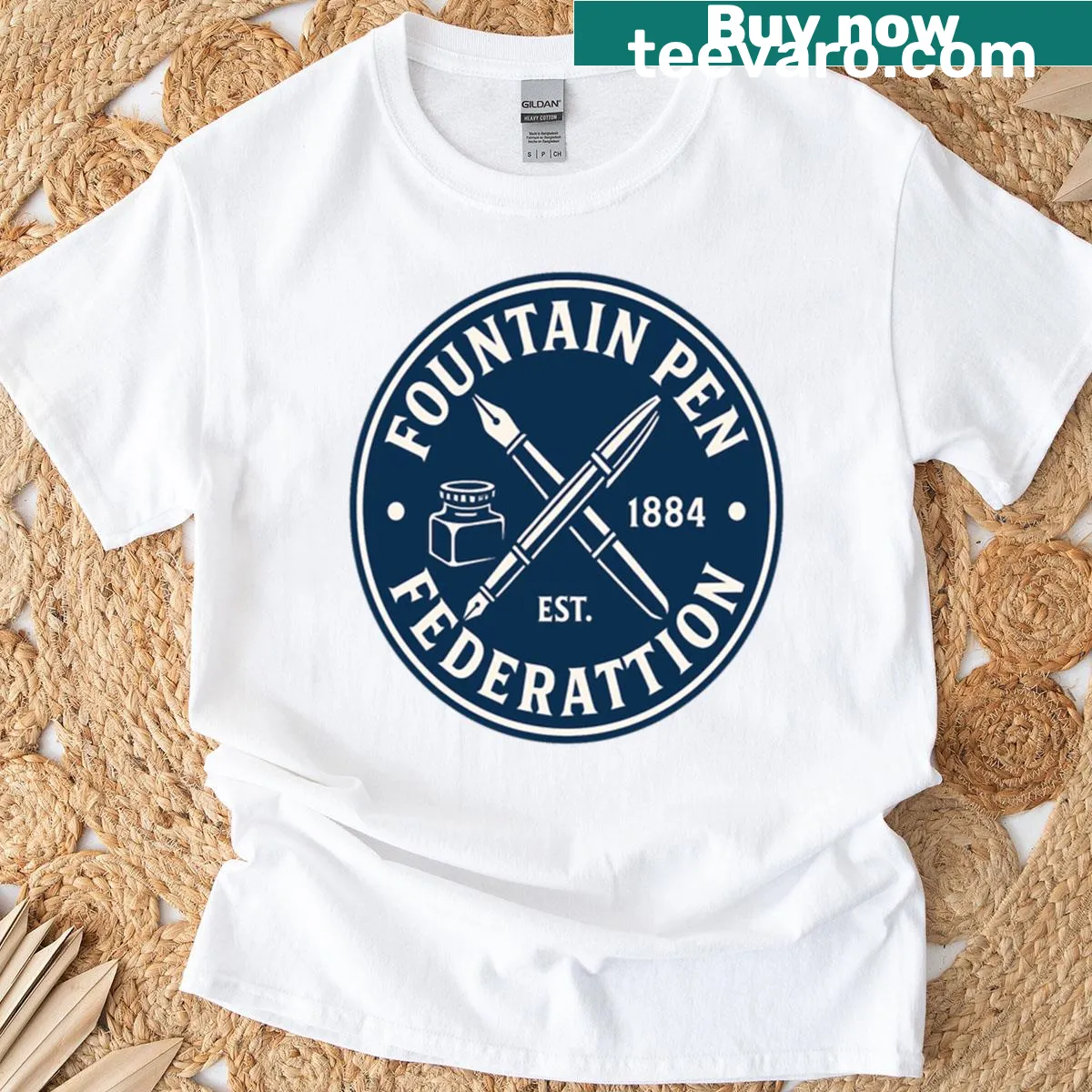 Vintage t-shirt featuring the Fountain Pen Federation emblem — on a men's t-shirt