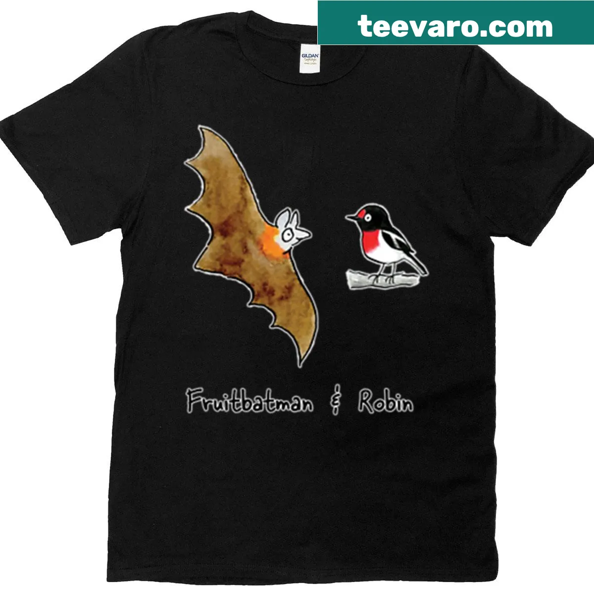 T-shirt featuring cartoon fruit bats supporting bat conservation — on a men's t-shirt