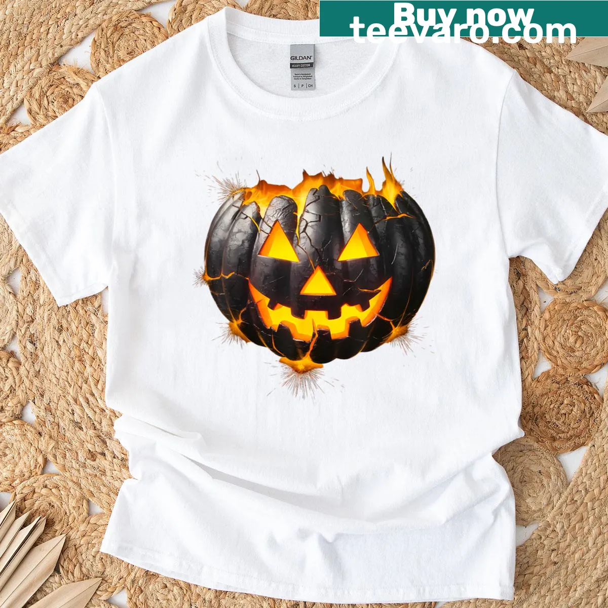 Cartoon Jack O Lantern face Halloween t-shirt for men — on a men's t-shirt