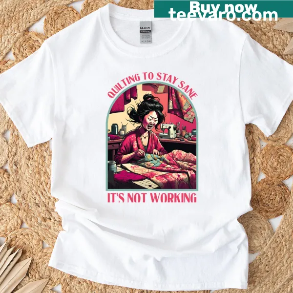 Humorous illustration of a quilter on a t-shirt