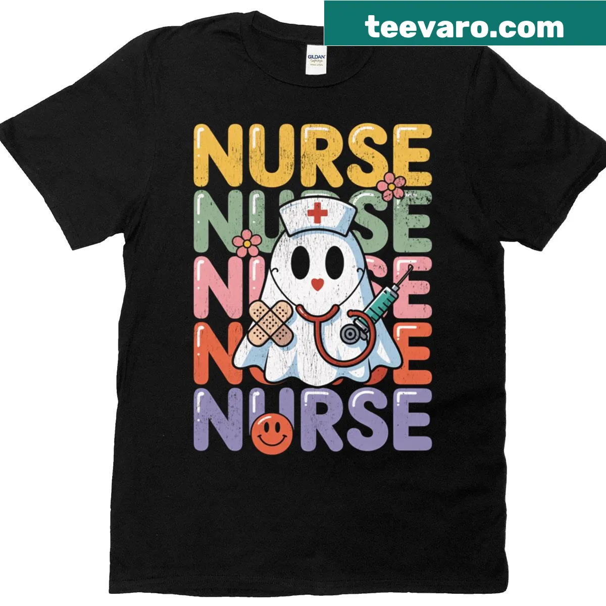 Cute Halloween t-shirt depicting a ghost nurse in costume — on a men's t-shirt