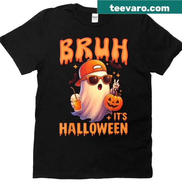 Cute ghost graphic with a humorous 'Bruh' meme for kids' Halloween t-shirt