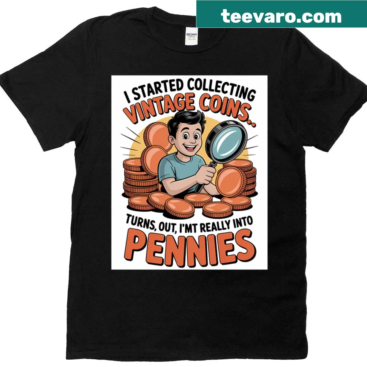 T-shirt with a funny graphic related to coin collecting — on a men's t-shirt